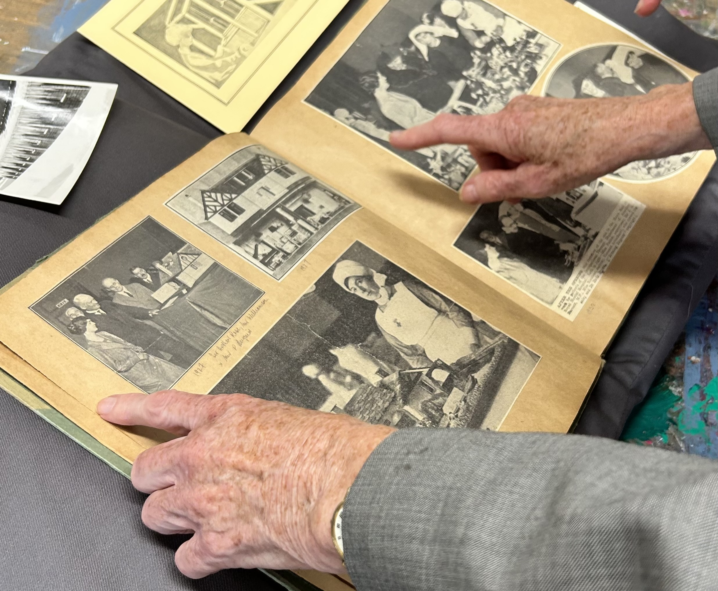 newspaper cuttings albums now held by NHS Grampian Archives. Ms Fulton can be seen in the far left of the three newspaper cuttings taken during craft fayres displaying patients' creations